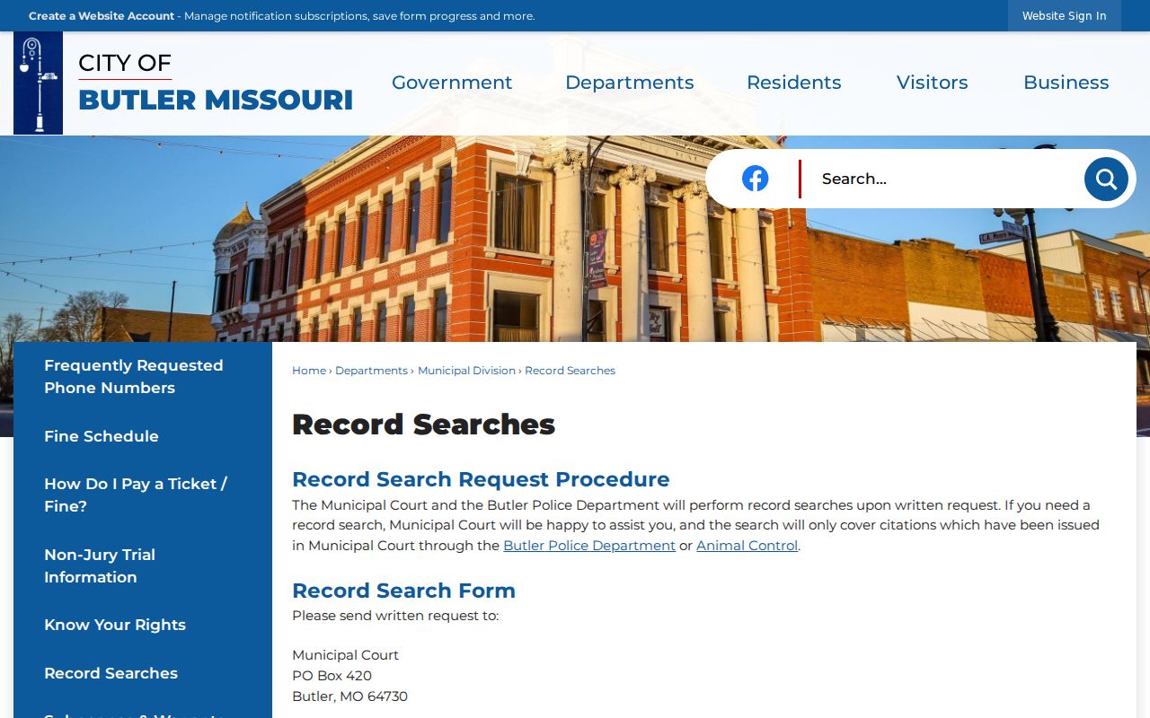 Butler court records page showing municipal record-search information