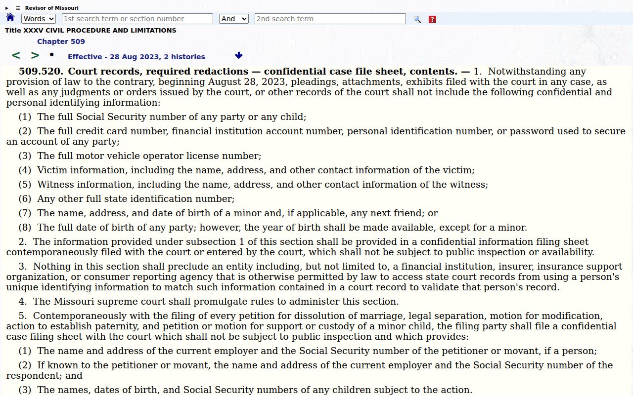 Bates County court calendar Missouri redaction statute source