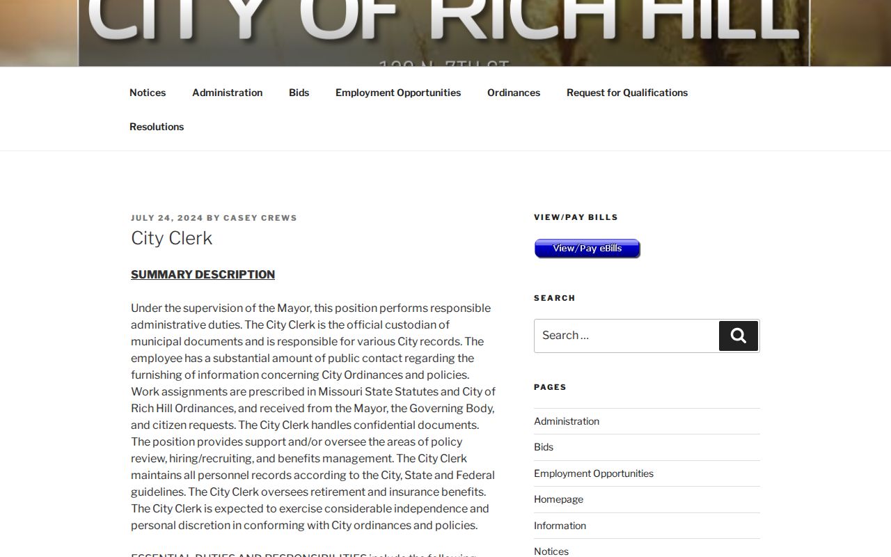 Rich Hill court records city clerk source for ordinance records