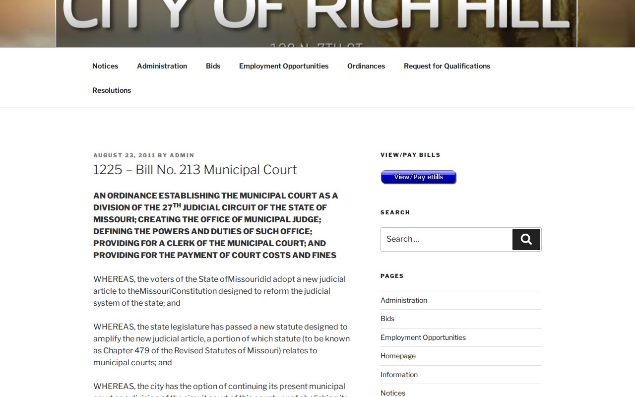 Rich Hill court records original municipal court ordinance source